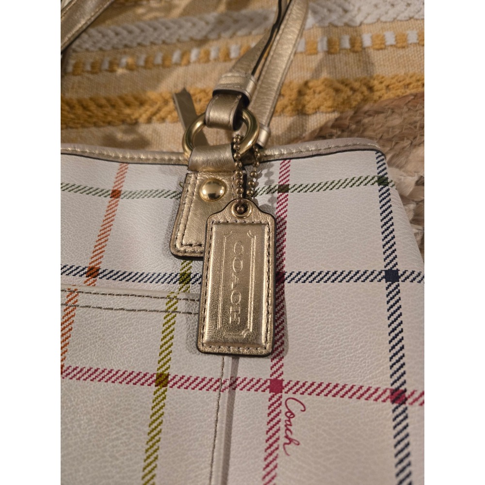 VTG‎ Y2K Coach Tartan Plaid Tote Bag White Gold Leather Trim Multi Color - Picture 5 of 13